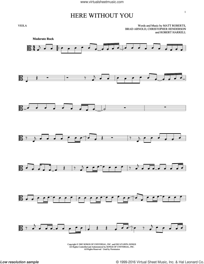 Here Without You sheet music for viola solo by 3 Doors Down, Brad Arnold, Christopher Henderson, Matt Roberts and Robert Harrell, intermediate skill level