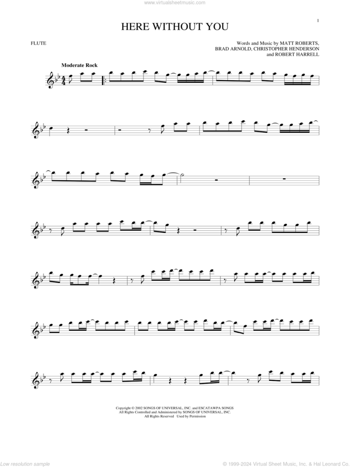 Here Without You sheet music for flute solo by 3 Doors Down, Brad Arnold, Christopher Henderson, Matt Roberts and Robert Harrell, intermediate skill level