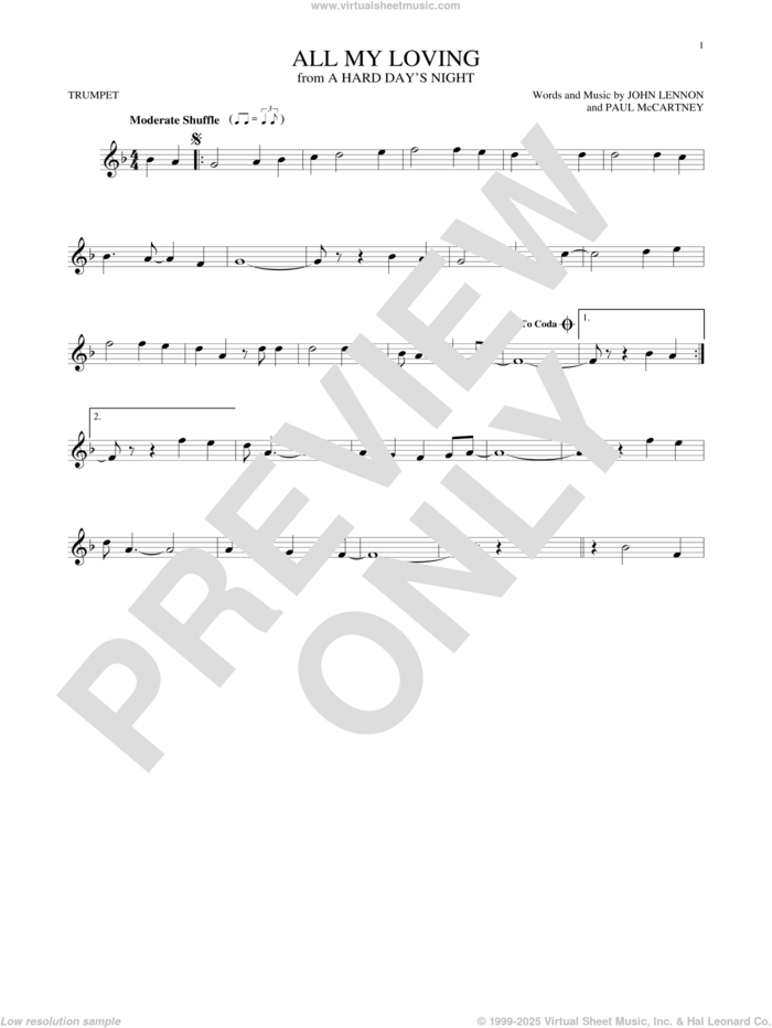 All My Loving sheet music for trumpet solo by The Beatles, John Lennon and Paul McCartney, intermediate skill level