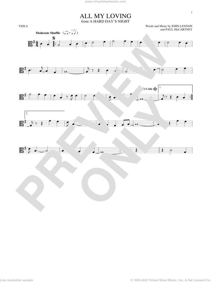 All My Loving sheet music for viola solo by The Beatles, John Lennon and Paul McCartney, intermediate skill level