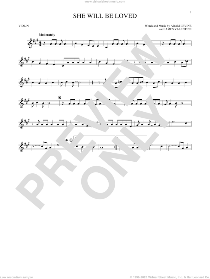 She Will Be Loved sheet music for violin solo by Maroon 5, Adam Levine and James Valentine, intermediate skill level