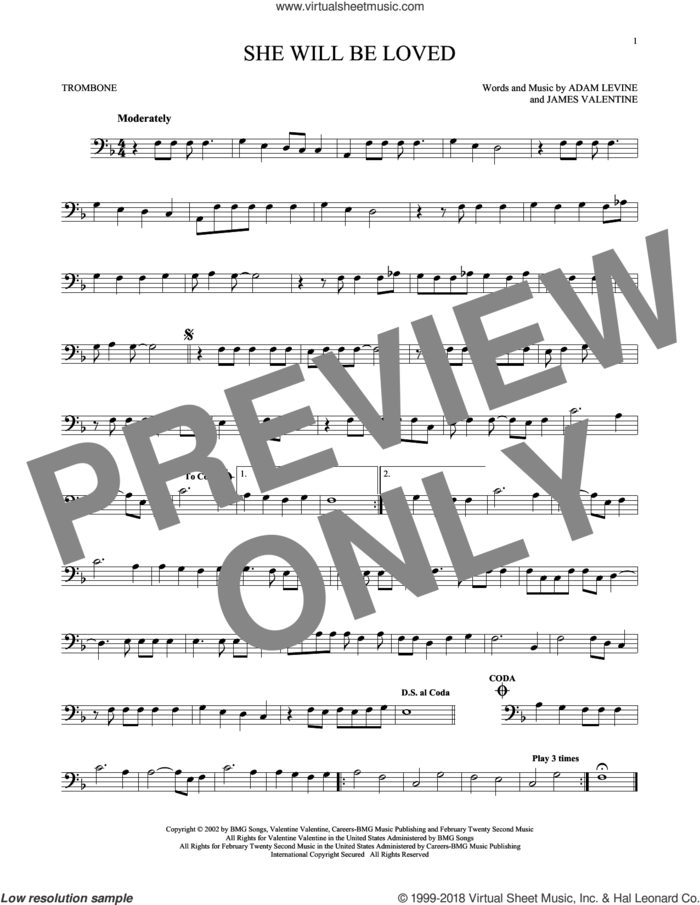 She Will Be Loved sheet music for trombone solo by Maroon 5, Adam Levine and James Valentine, intermediate skill level