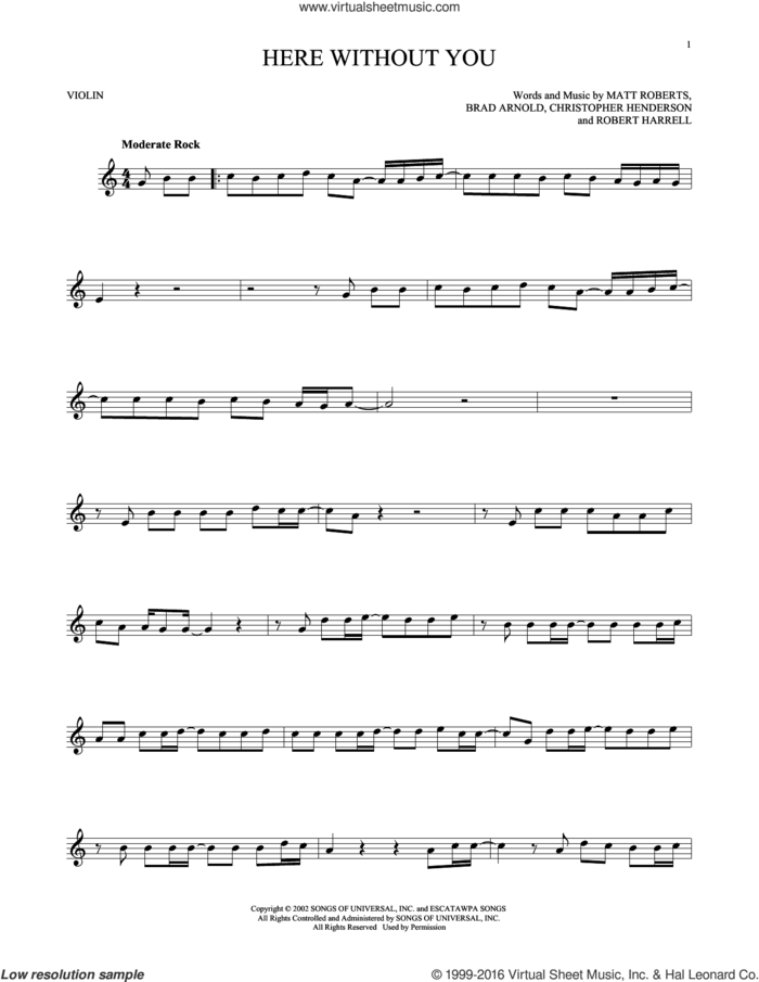 Here Without You sheet music for violin solo by 3 Doors Down, Brad Arnold, Christopher Henderson, Matt Roberts and Robert Harrell, intermediate skill level