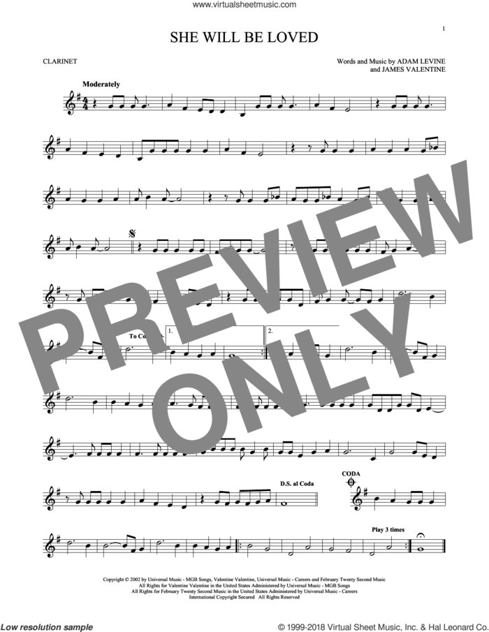 She Will Be Loved sheet music for clarinet solo by Maroon 5, Adam Levine and James Valentine, intermediate skill level