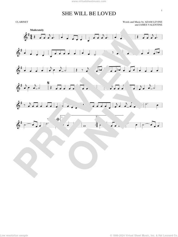 She Will Be Loved sheet music for clarinet solo by Maroon 5, Adam Levine and James Valentine, intermediate skill level