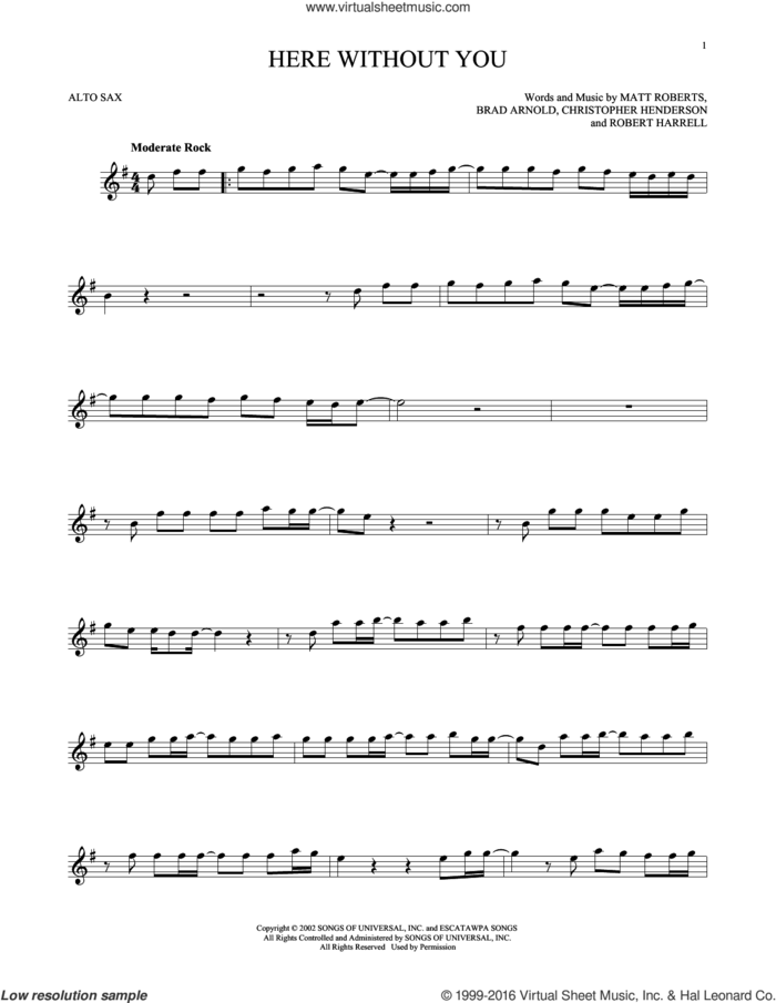 Here Without You sheet music for alto saxophone solo by 3 Doors Down, Brad Arnold, Christopher Henderson, Matt Roberts and Robert Harrell, intermediate skill level