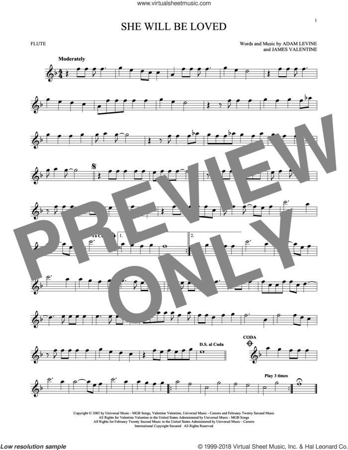 She Will Be Loved sheet music for flute solo by Maroon 5, Adam Levine and James Valentine, intermediate skill level