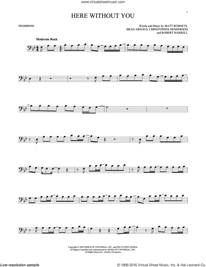 Here Without You sheet music for trombone solo by 3 Doors Down, Brad Arnold, Christopher Henderson, Matt Roberts and Robert Harrell, intermediate skill level