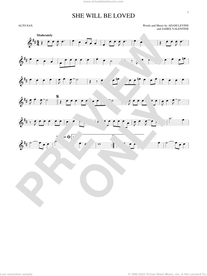 She Will Be Loved sheet music for alto saxophone solo by Maroon 5, Adam Levine and James Valentine, intermediate skill level