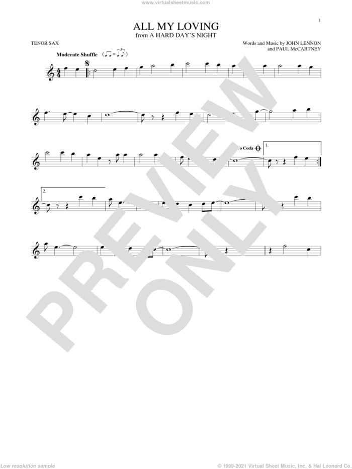 All My Loving sheet music for tenor saxophone solo by The Beatles, John Lennon and Paul McCartney, intermediate skill level