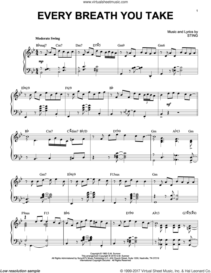 Every Breath You Take [Jazz version] (arr. Brent Edstrom) sheet music for piano solo by The Police and Sting, intermediate skill level