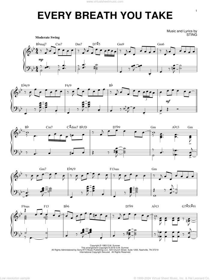 Every Breath You Take [Jazz version] (arr. Brent Edstrom) sheet music for piano solo by The Police and Sting, intermediate skill level