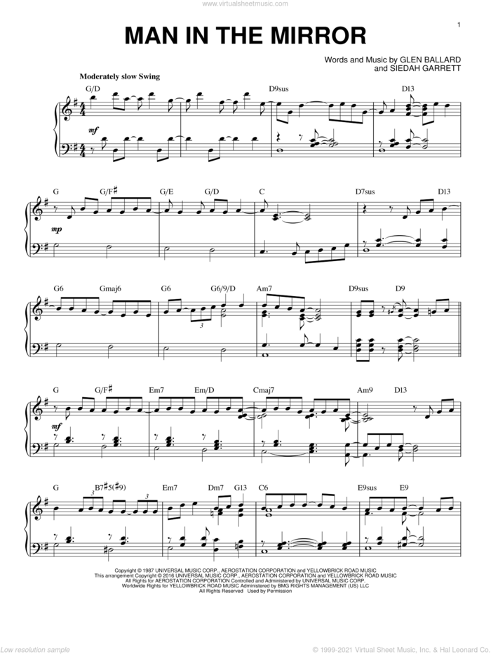 Man In The Mirror [Jazz version] (arr. Brent Edstrom) sheet music for piano solo by Michael Jackson, Glen Ballard and Siedah Garrett, intermediate skill level