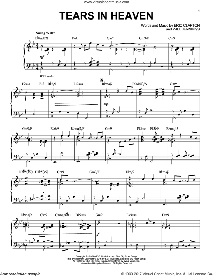 Tears In Heaven [Jazz version] (arr. Brent Edstrom) sheet music for piano solo by Eric Clapton and Will Jennings, intermediate skill level