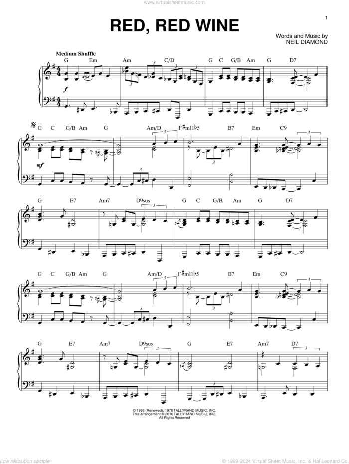 Red, Red Wine [Jazz version] (arr. Brent Edstrom) sheet music for piano solo by Neil Diamond, intermediate skill level