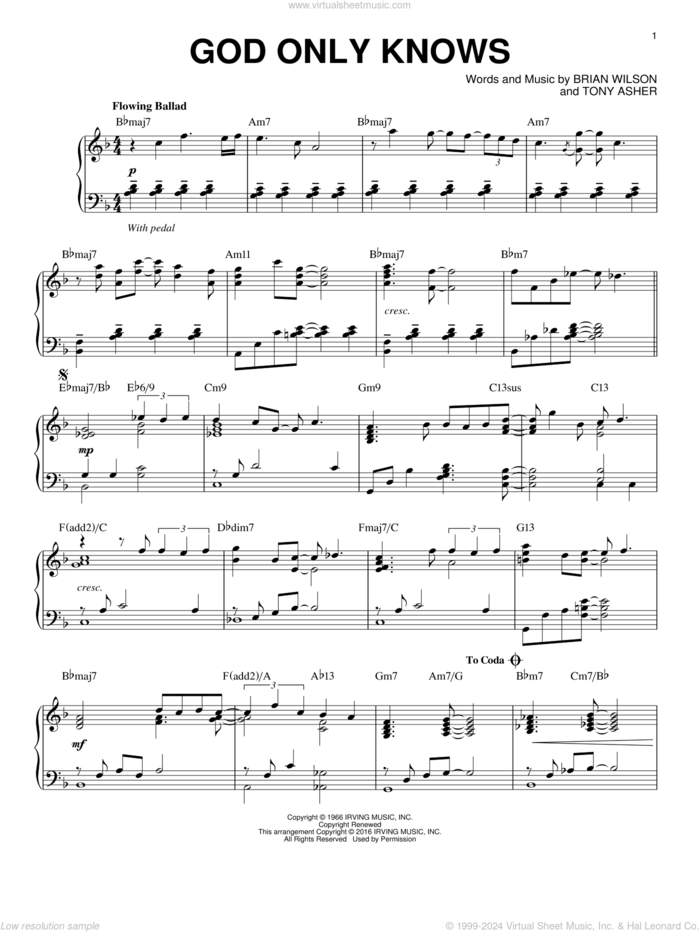 God Only Knows [Jazz version] (arr. Brent Edstrom) sheet music for piano solo by The Beach Boys, Brian Wilson and Tony Asher, intermediate skill level