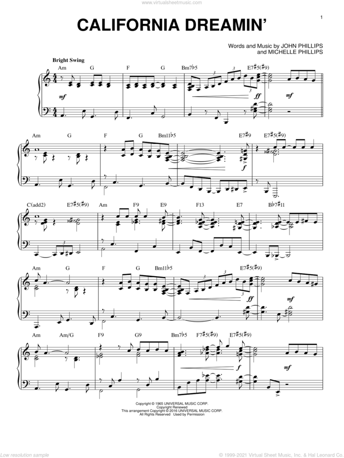 California Dreamin' [Jazz version] (arr. Brent Edstrom) sheet music for piano solo by The Mamas & The Papas, John Phillips and Michelle Phillips, intermediate skill level