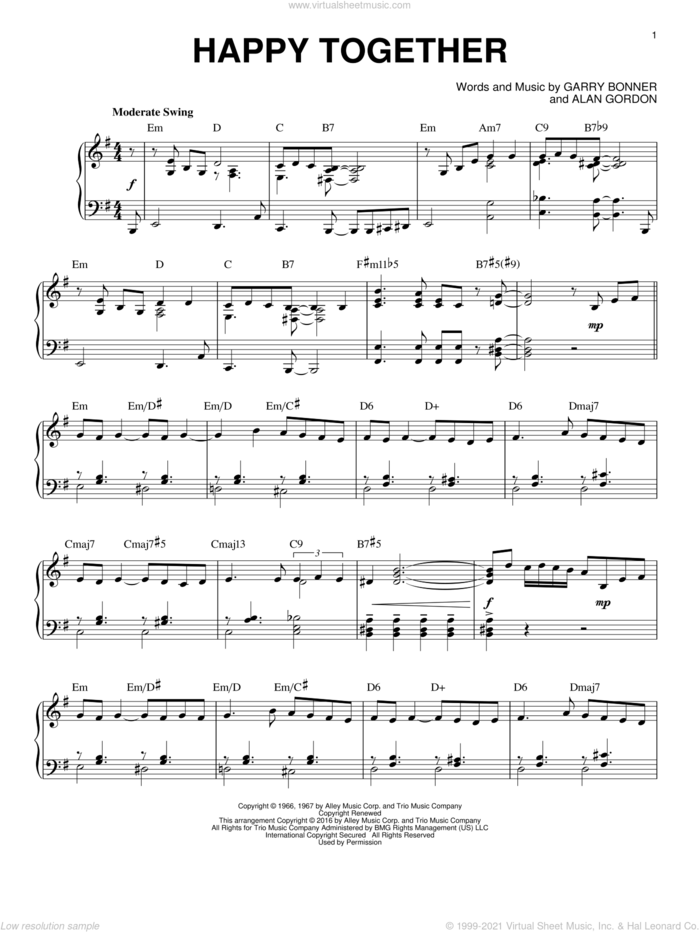 Happy Together [Jazz version] (arr. Brent Edstrom) sheet music for piano solo by The Turtles, Alan Gordon and Garry Bonner, intermediate skill level