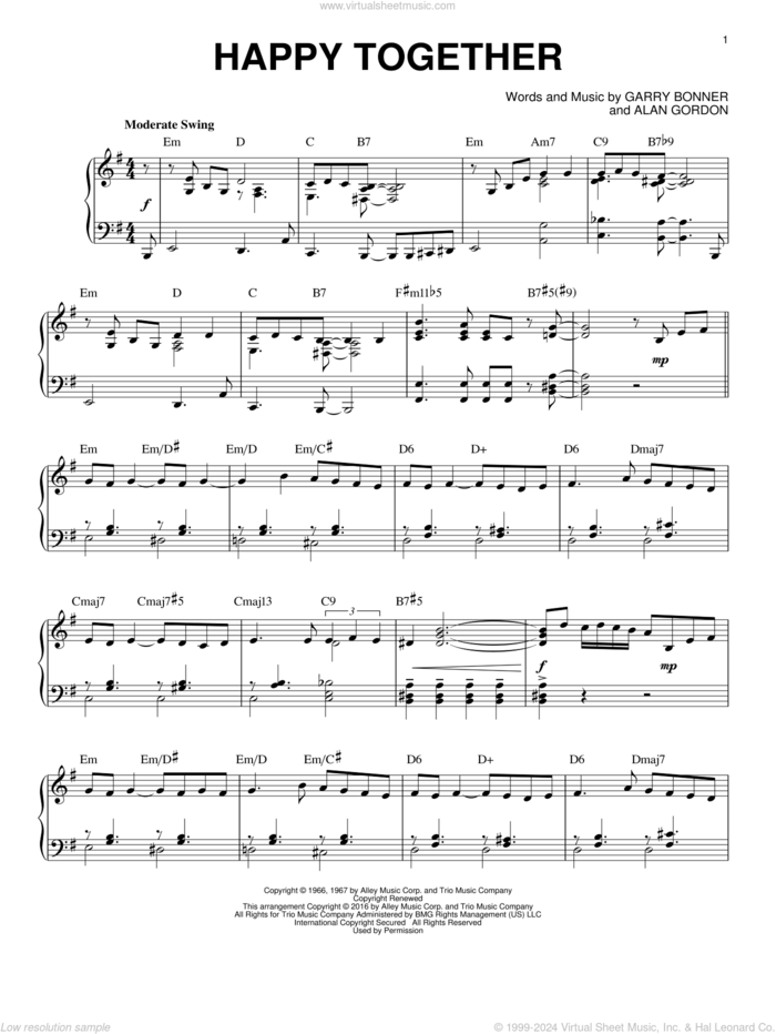 Happy Together [Jazz version] (arr. Brent Edstrom) sheet music for piano solo by The Turtles, Alan Gordon and Garry Bonner, intermediate skill level