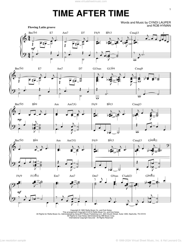 Time After Time [Jazz version] (arr. Brent Edstrom) sheet music for piano solo by Cyndi Lauper, Inoj, Javier Colon and Rob Hyman, intermediate skill level