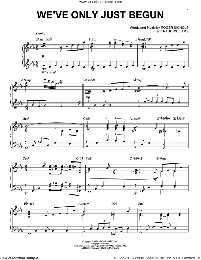 We've Only Just Begun [Jazz version] (arr. Brent Edstrom) sheet music for piano solo by Paul Williams, Carpenters and Roger Nichols, wedding score, intermediate skill level