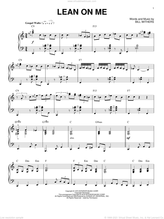 Lean On Me [Jazz version] (arr. Brent Edstrom) sheet music for piano solo by Bill Withers and Club Nouveau, intermediate skill level