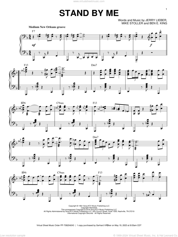 Stand By Me [Jazz version] (arr. Brent Edstrom) sheet music for piano solo by Ben E. King, Mickey Gilley, Jerry Leiber and Mike Stoller, intermediate skill level