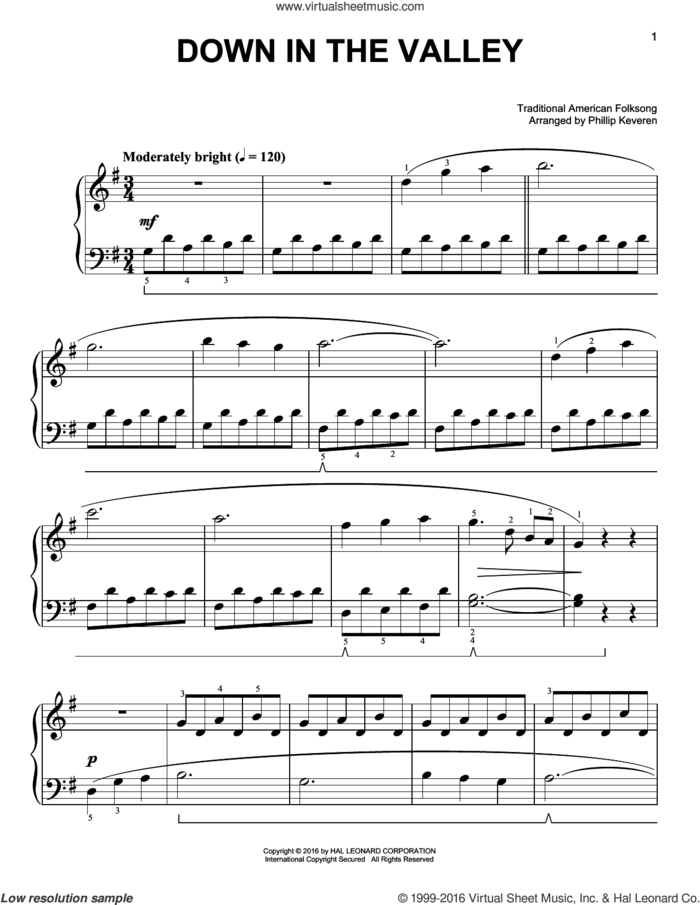 Down In The Valley, (easy) sheet music for piano solo, easy skill level