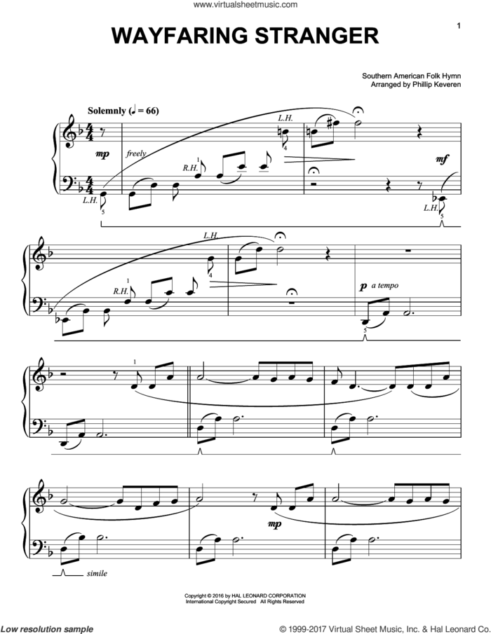 Wayfaring Stranger, (easy) sheet music for piano solo, easy skill level