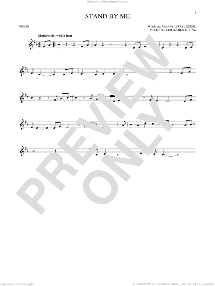 Stand By Me sheet music for violin solo by Ben E. King, Jerry Leiber and Mike Stoller, intermediate skill level