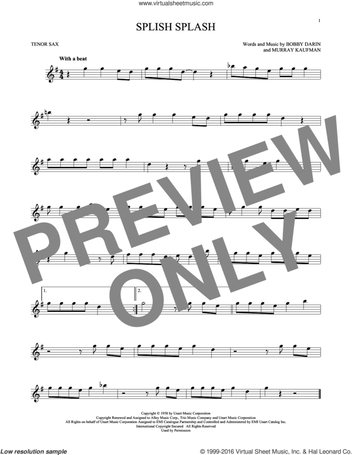 Splish Splash sheet music for tenor saxophone solo by Bobby Darin and Murray Kaufman, intermediate skill level