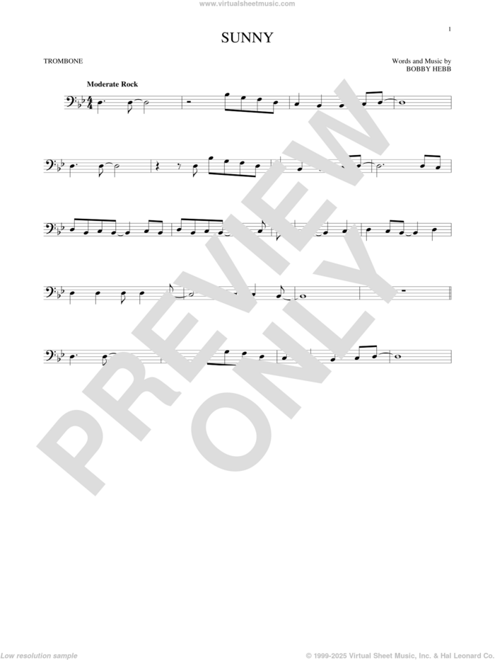 Sunny sheet music for trombone solo by Bobby Hebb and Pat Martino, intermediate skill level