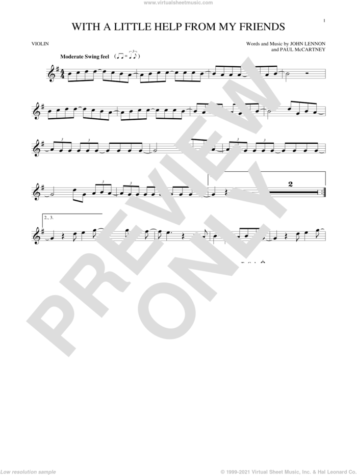 With A Little Help From My Friends sheet music for violin solo by The Beatles, Joe Cocker, John Lennon and Paul McCartney, intermediate skill level
