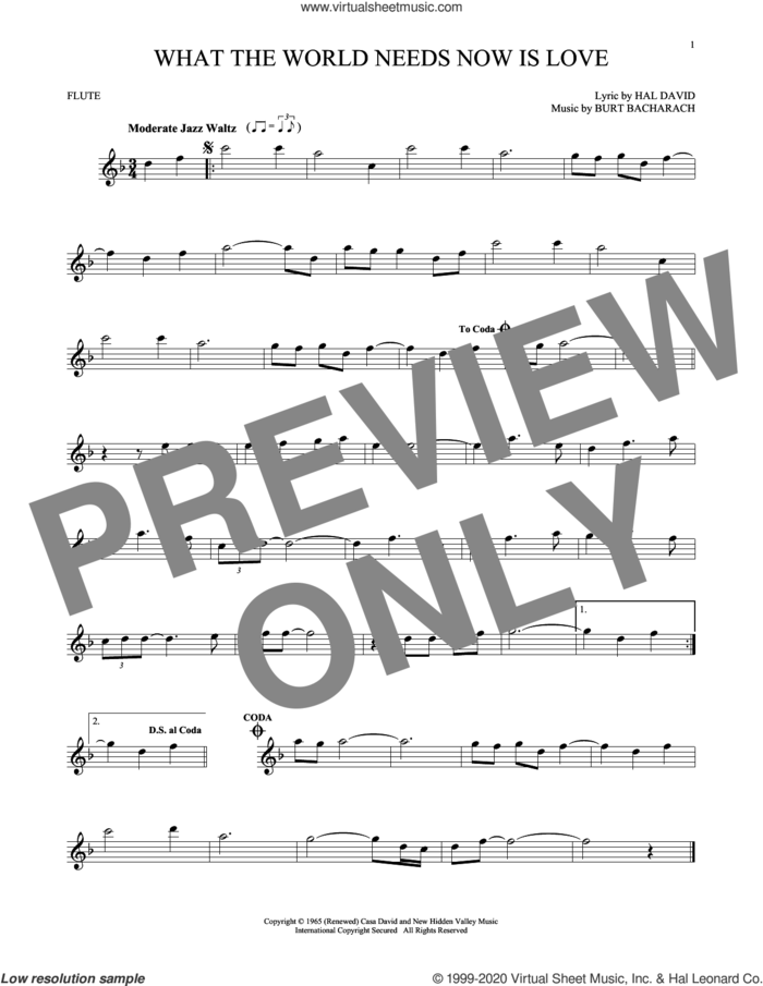 What The World Needs Now Is Love sheet music for flute solo by Bacharach & David, Jackie DeShannon, Burt Bacharach and Hal David, intermediate skill level