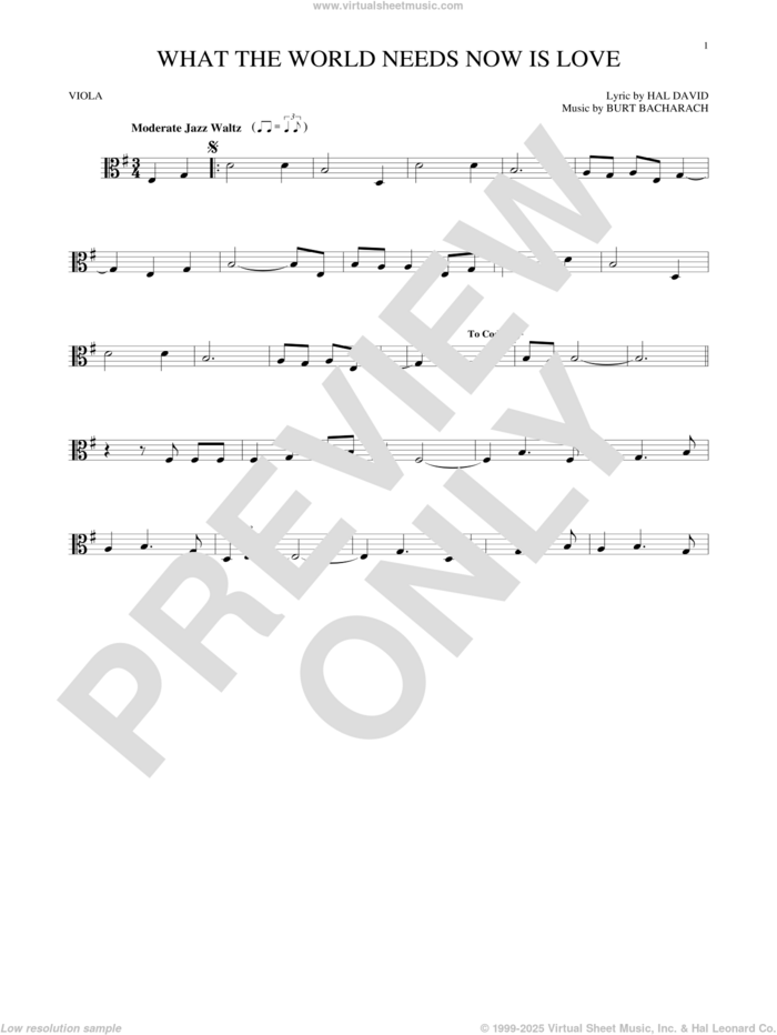 What The World Needs Now Is Love sheet music for viola solo by Bacharach & David, Jackie DeShannon, Burt Bacharach and Hal David, intermediate skill level