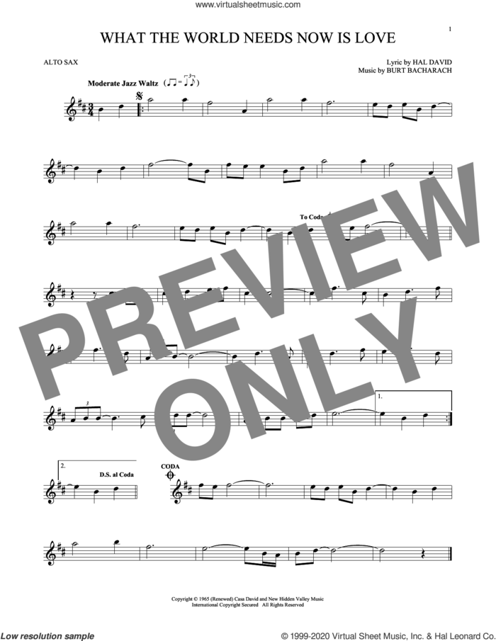 What The World Needs Now Is Love sheet music for alto saxophone solo by Bacharach & David, Jackie DeShannon, Burt Bacharach and Hal David, intermediate skill level