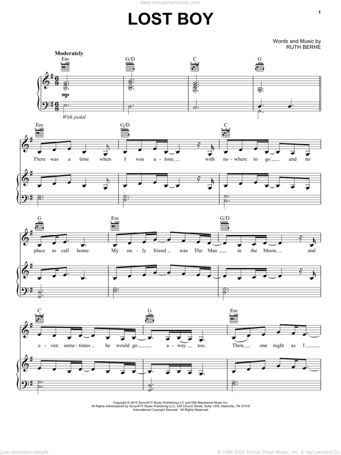 Lost Boy sheet music for voice, piano or guitar by Ruth B and Ruth Berhe, intermediate skill level