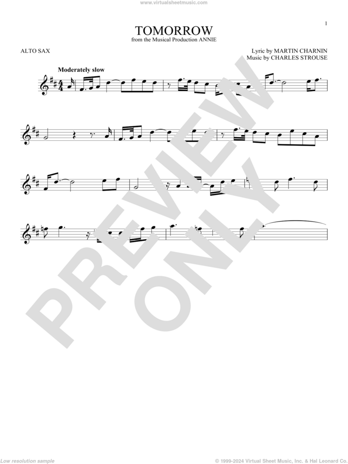 Tomorrow sheet music for alto saxophone solo by Charles Strouse and Martin Charnin, intermediate skill level