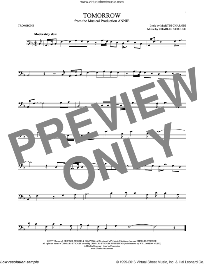 Tomorrow sheet music for trombone solo by Charles Strouse and Martin Charnin, intermediate skill level
