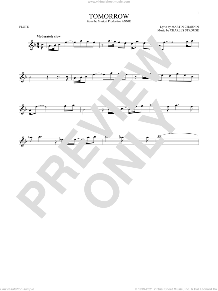Tomorrow sheet music for flute solo by Charles Strouse and Martin Charnin, intermediate skill level