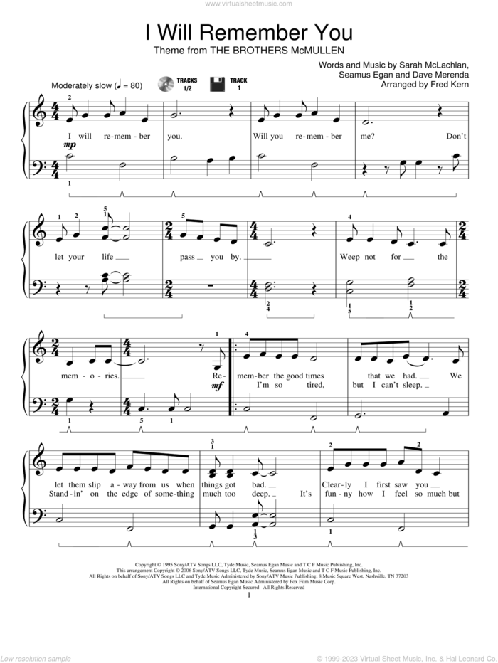 I Will Remember You sheet music for piano solo (elementary) by Fred Kern and Sarah McLachlan, beginner piano (elementary)