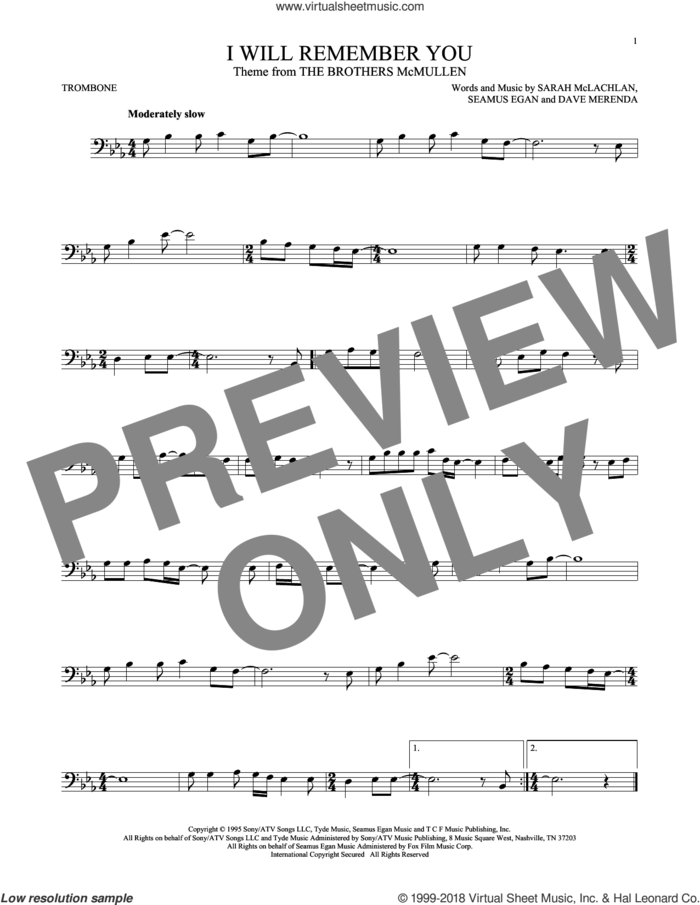 I Will Remember You sheet music for trombone solo by Sarah McLachlan, Dave Merenda and Seamus Egan, intermediate skill level