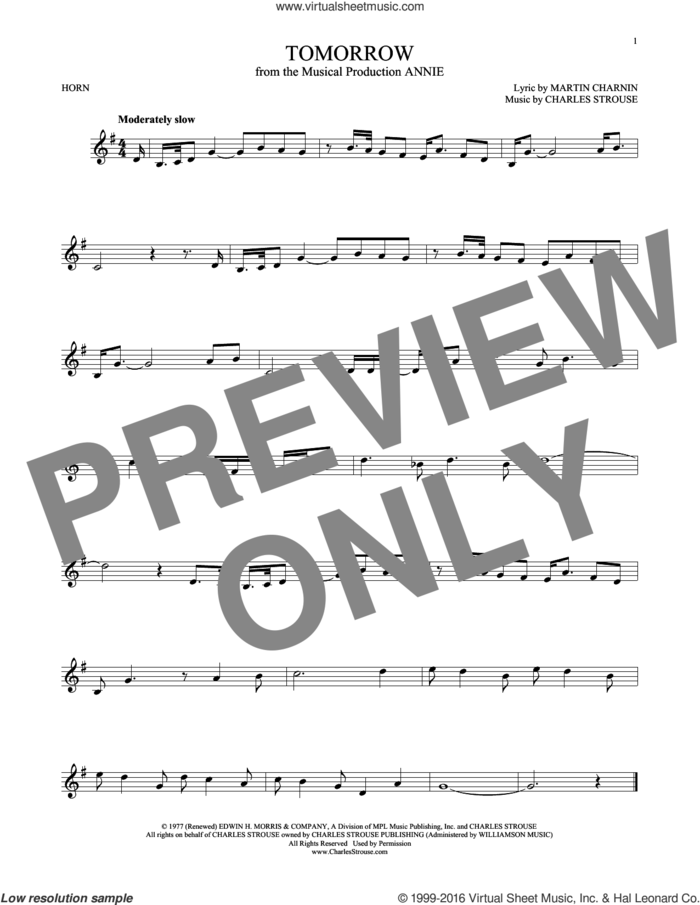 Tomorrow sheet music for horn solo by Charles Strouse and Martin Charnin, intermediate skill level