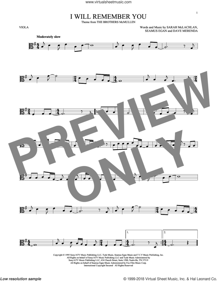 I Will Remember You sheet music for viola solo by Sarah McLachlan, Dave Merenda and Seamus Egan, intermediate skill level