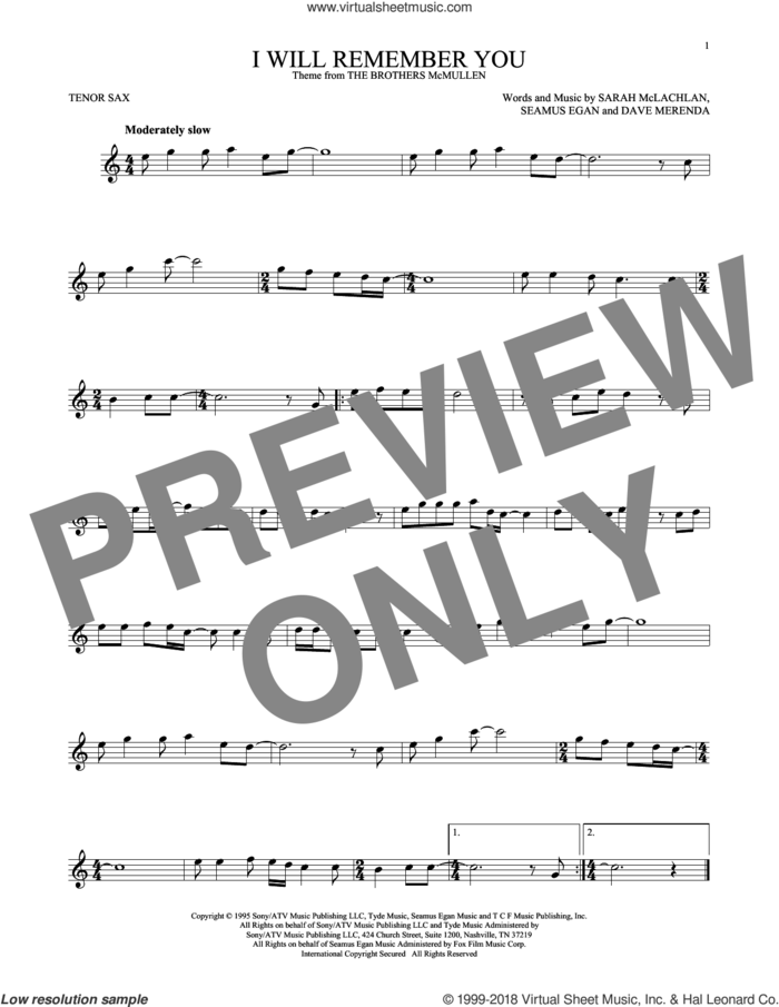 I Will Remember You sheet music for tenor saxophone solo by Sarah McLachlan, Dave Merenda and Seamus Egan, intermediate skill level