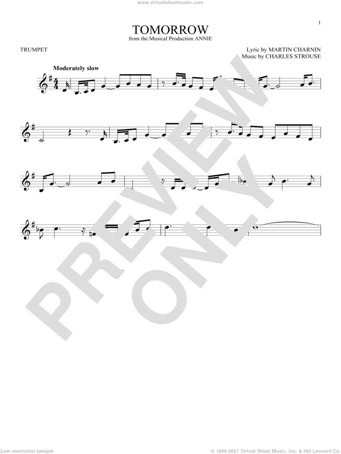Tomorrow sheet music for trumpet solo by Charles Strouse and Martin Charnin, intermediate skill level