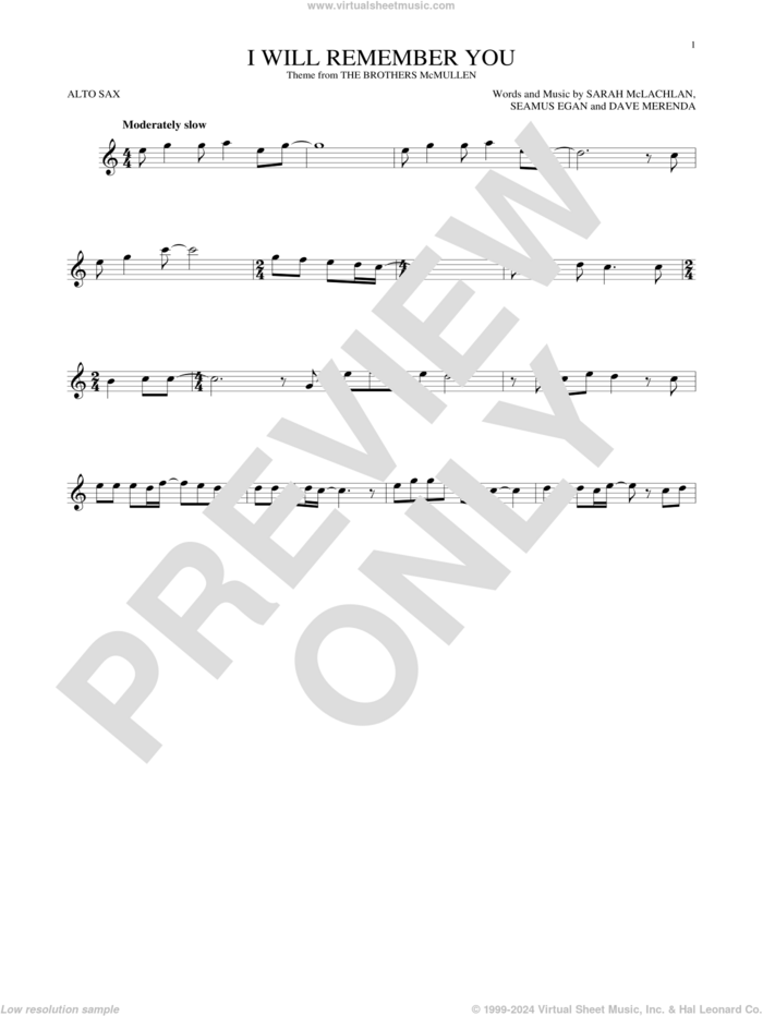 I Will Remember You sheet music for alto saxophone solo by Sarah McLachlan, Dave Merenda and Seamus Egan, intermediate skill level