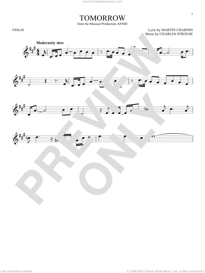 Tomorrow sheet music for violin solo by Charles Strouse and Martin Charnin, intermediate skill level