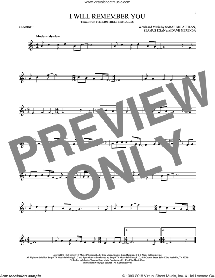 I Will Remember You sheet music for clarinet solo by Sarah McLachlan, Dave Merenda and Seamus Egan, intermediate skill level