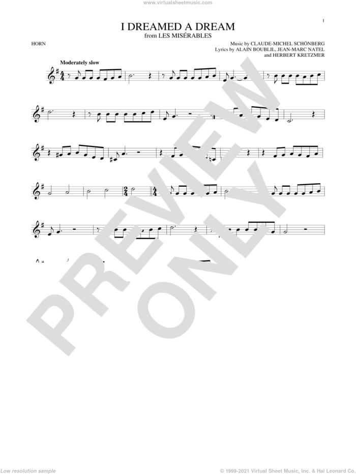 I Dreamed A Dream sheet music for horn solo by Claude-Michel Schonberg, intermediate skill level